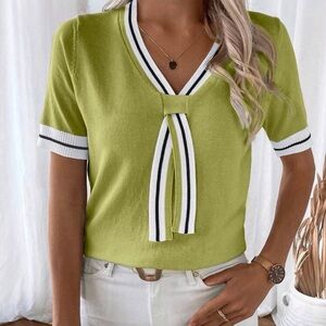 Women’s Lime Green Short Sleeve V-Neck Knit Top with Contrast Trim